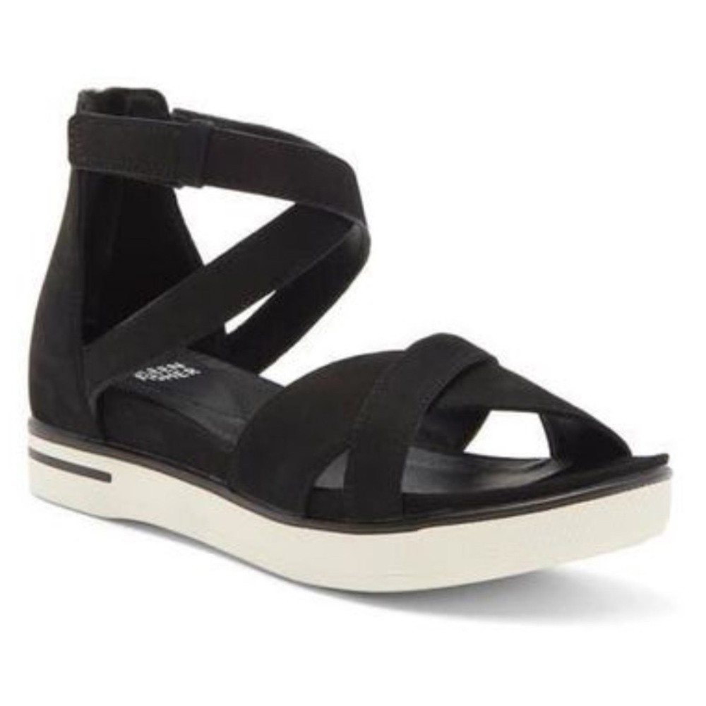 Eileen Fisher Sally Leather Wedge Comfort Sandals Black Size 8 Sporty Minimalist